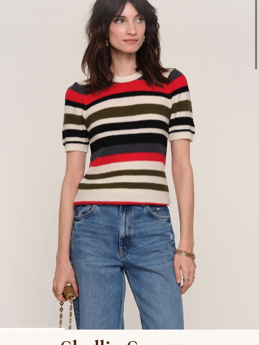 Striped Short-Sleeve Knit Top in Red, Black, Olive & Cream